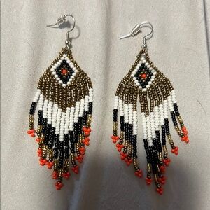 Beaded Feather Earrings - Black, White, Gold, and Orange